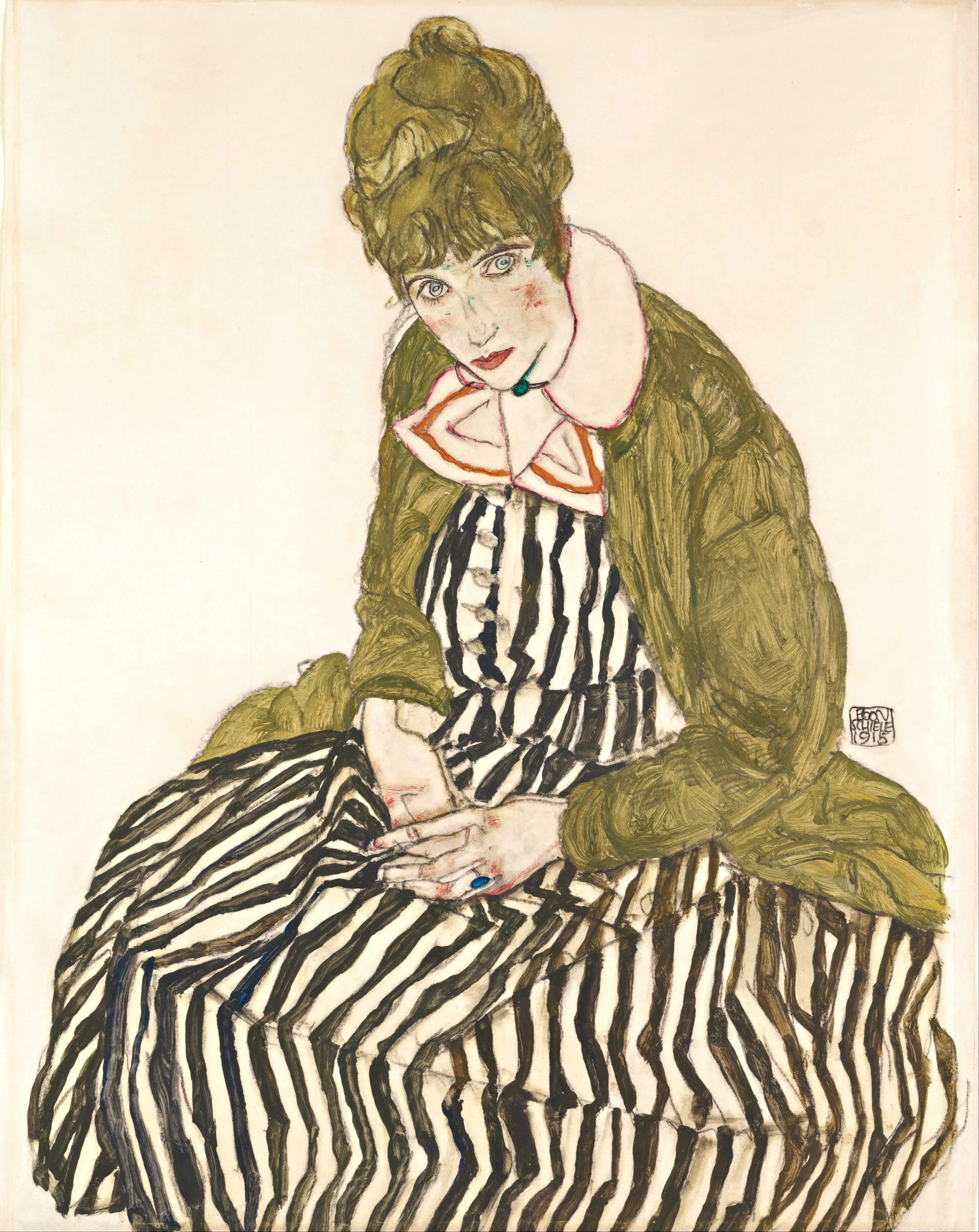 Edith With Striped Dress Sitting, 2023 — Óleo sobre lienzo