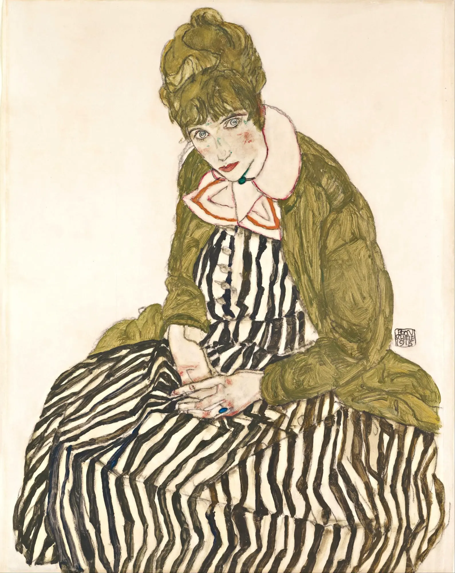 Edith With Striped Dress Sitting, 2023, Oil on canvas